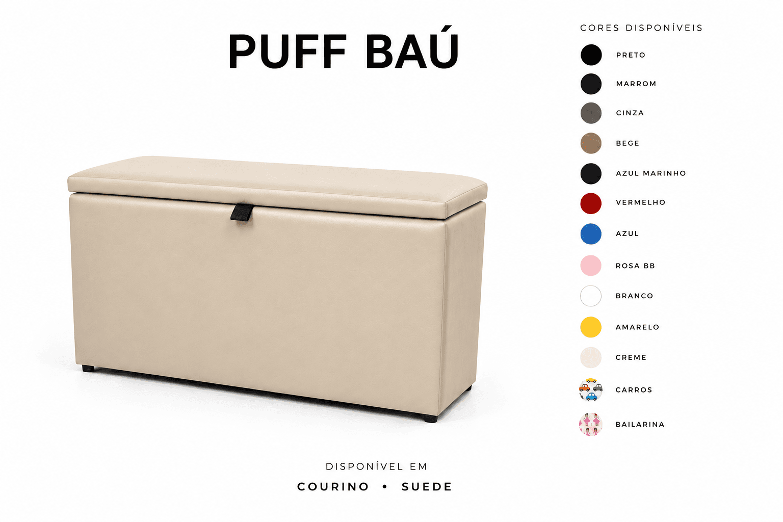 Puff Baú Tampa lisa Retangular 60x33 - Bege
