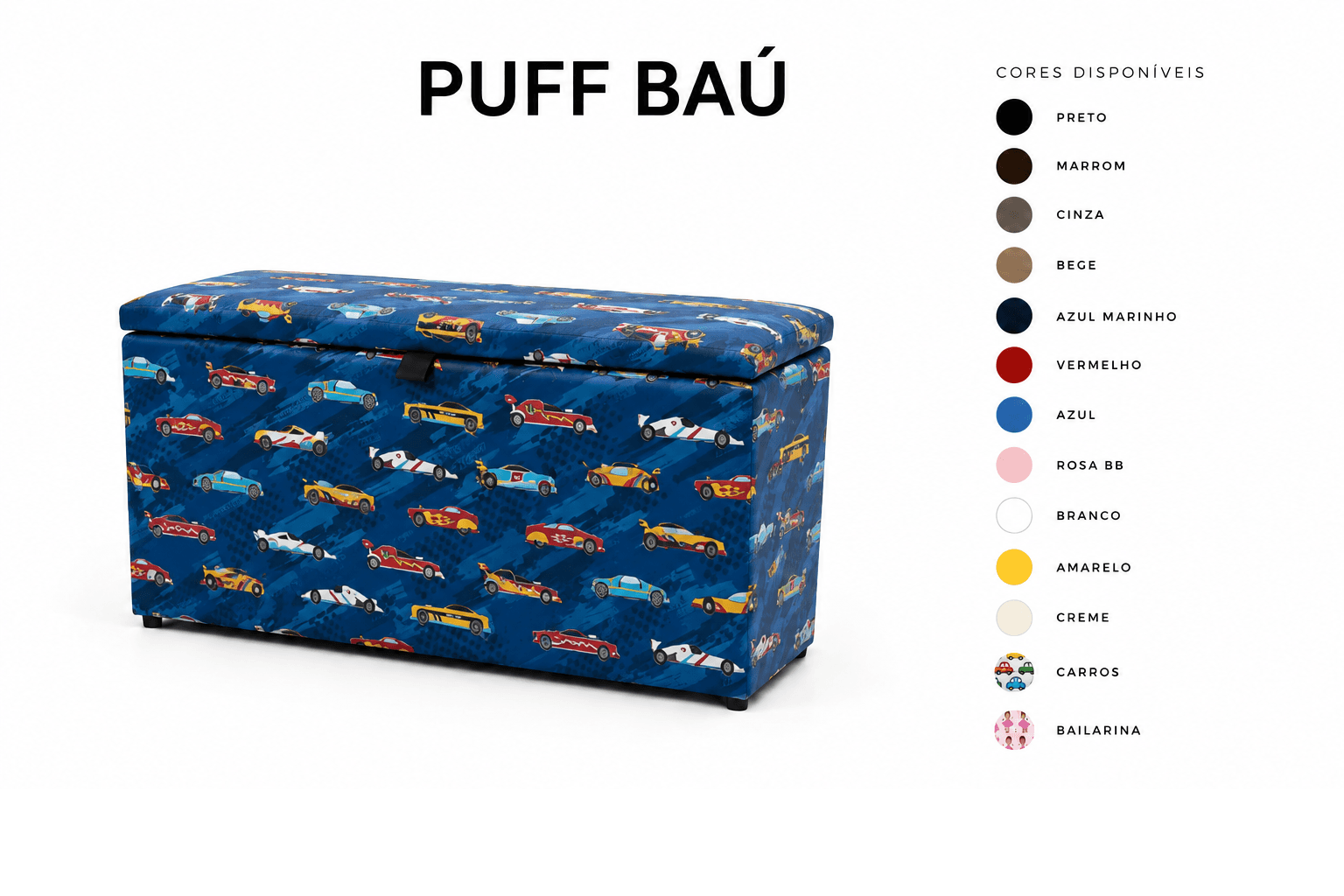 Puff Baú Tampa lisa Retangular 60x33 - Carros