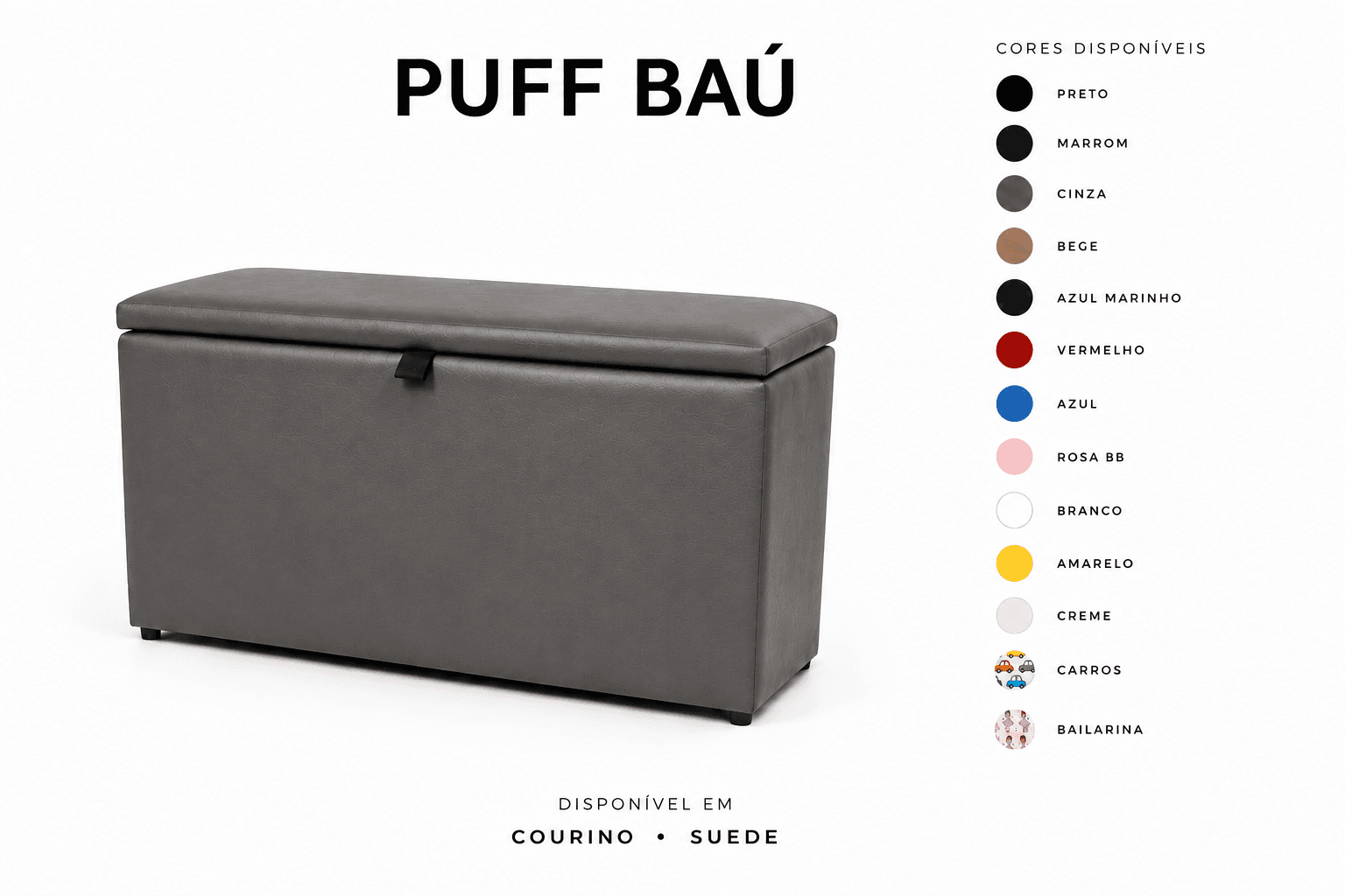 Puff Baú Tampa lisa Retangular 60x33 - Cinza
