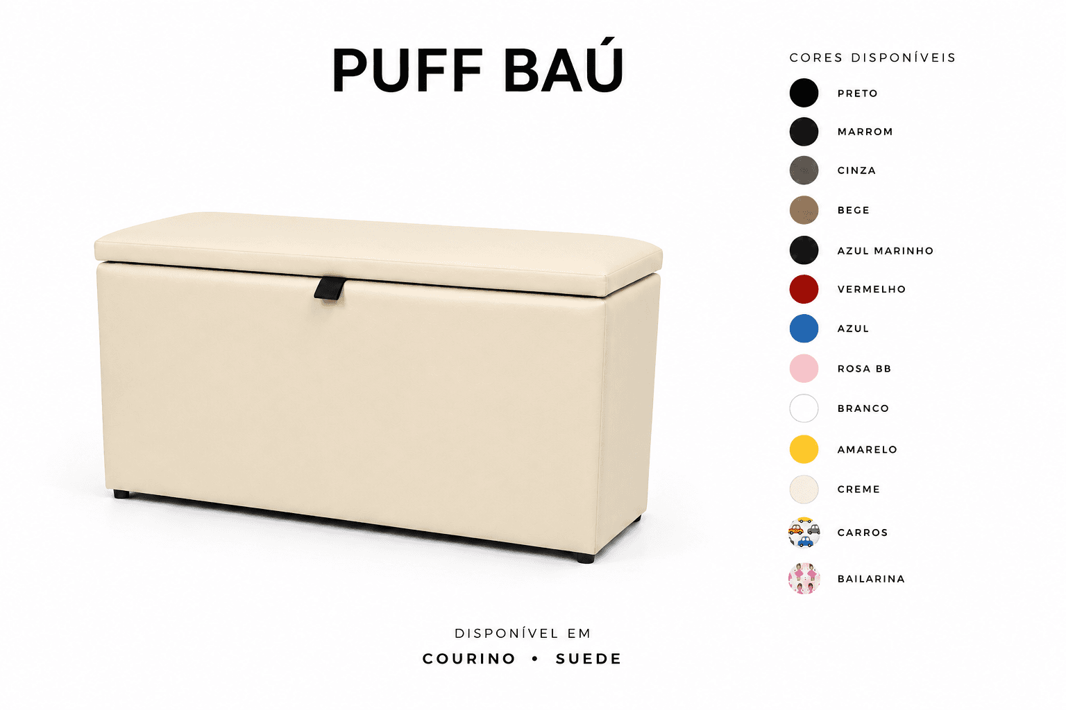 Puff Baú Tampa lisa Retangular 60x33 - Creme
