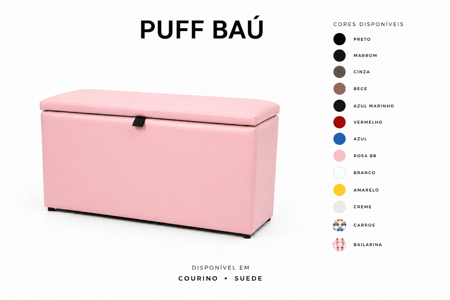 Puff Baú Tampa lisa Retangular 60x33 - Rosa BB