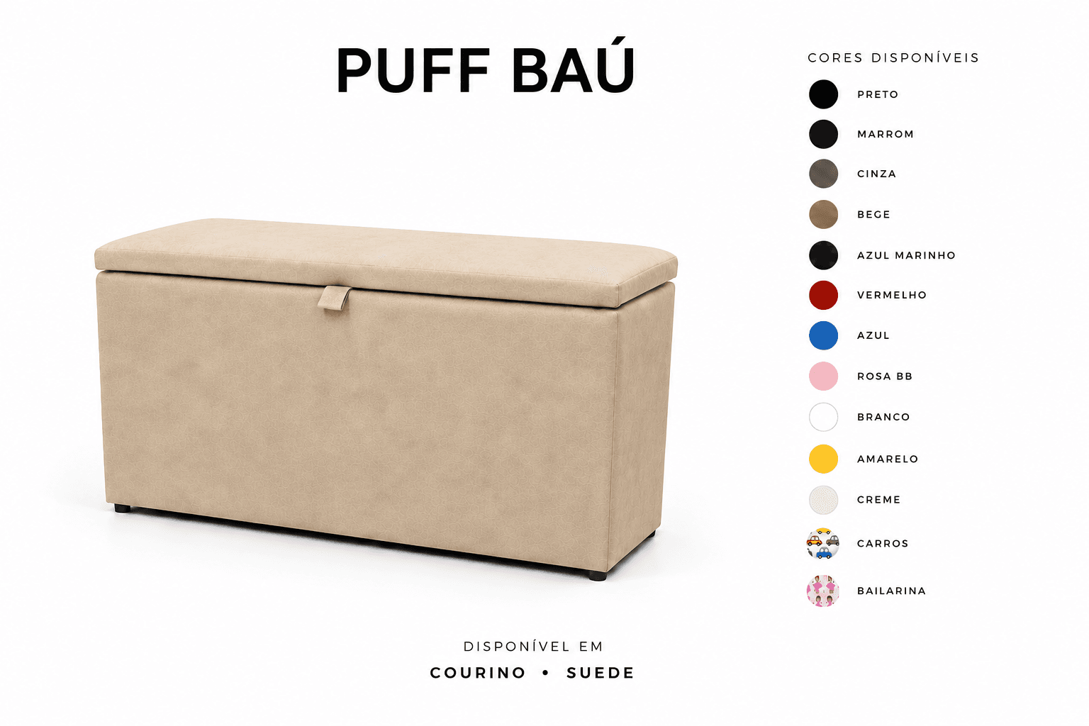Puff Baú Tampa lisa Retangular 60x33 - Bege