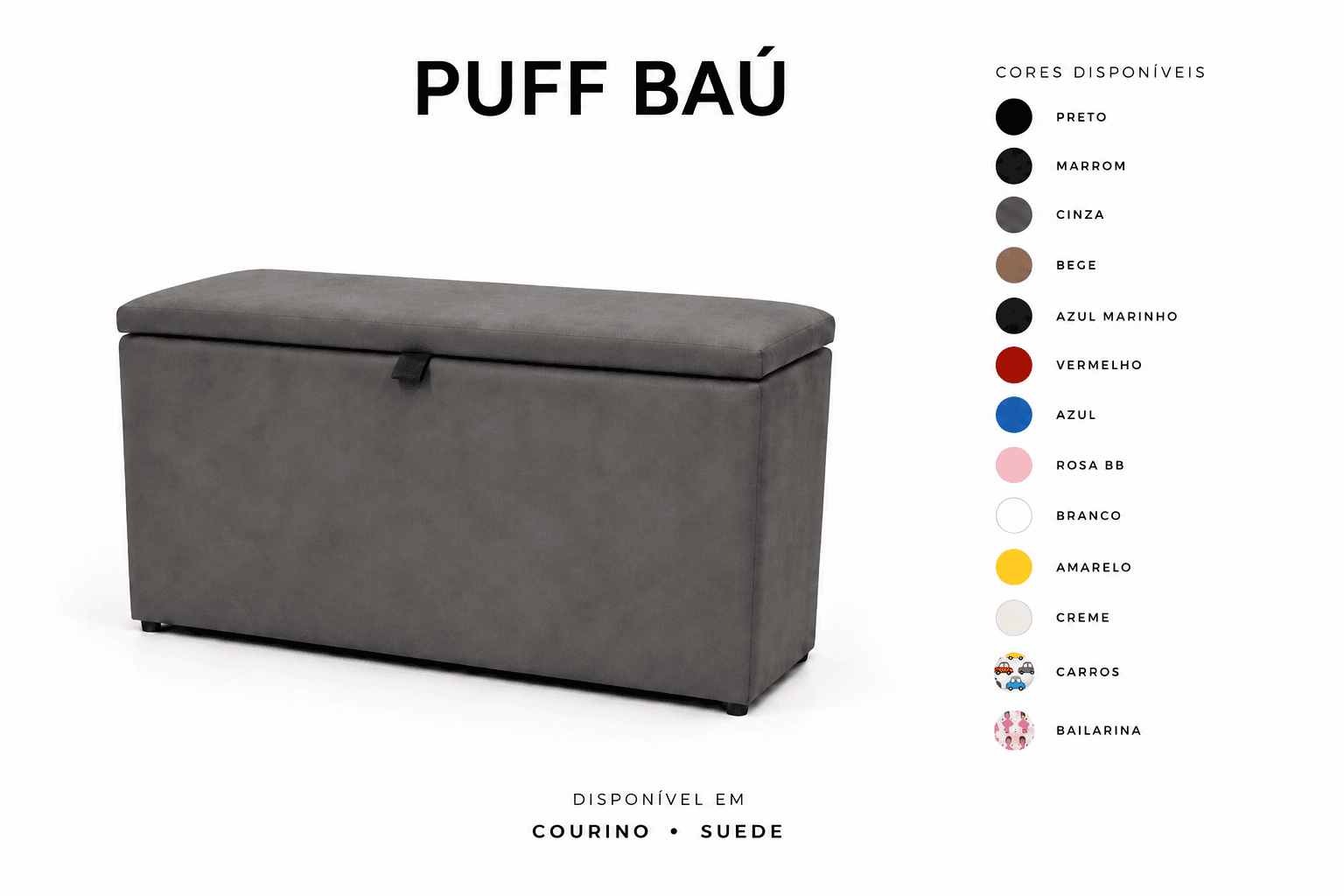 Puff Baú Tampa lisa Retangular 60x33 - Cinza