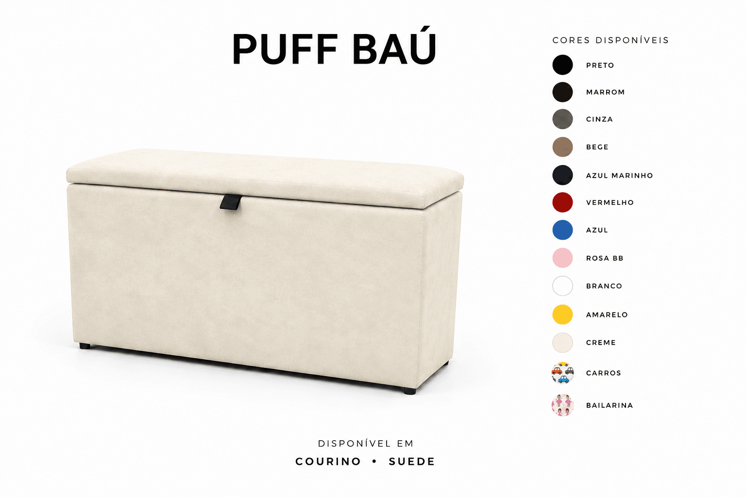 Puff Baú Tampa lisa Retangular 60x33 - Creme