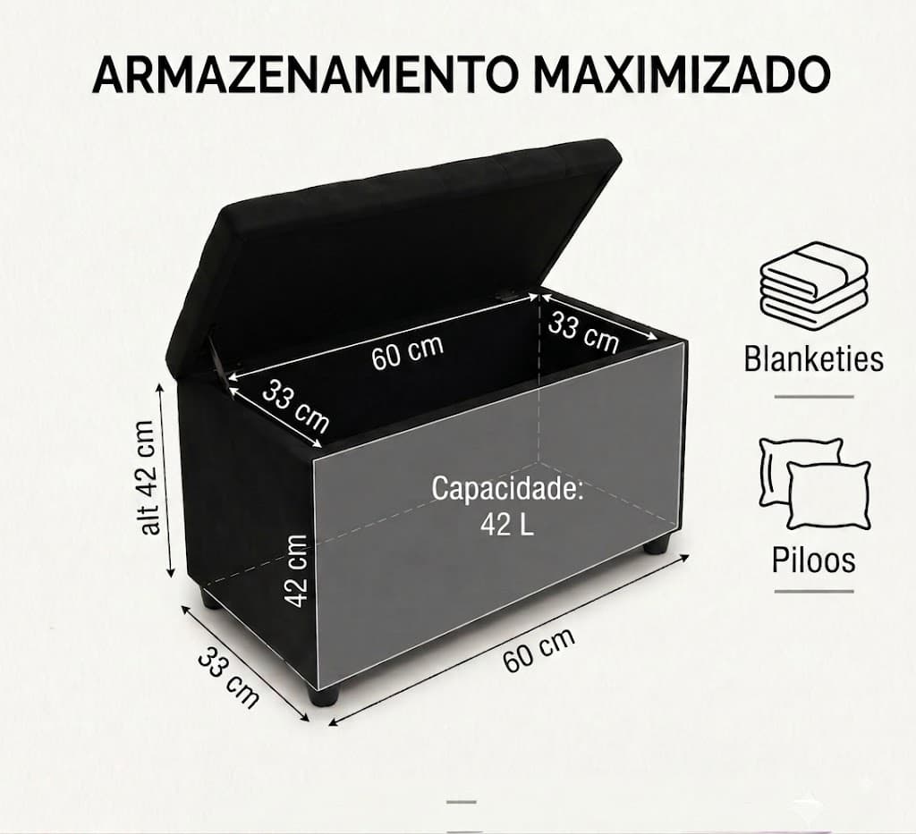 Medidas do Puff Baú Tampa lisa Retangular 60x33 - Marrom (60 cm)