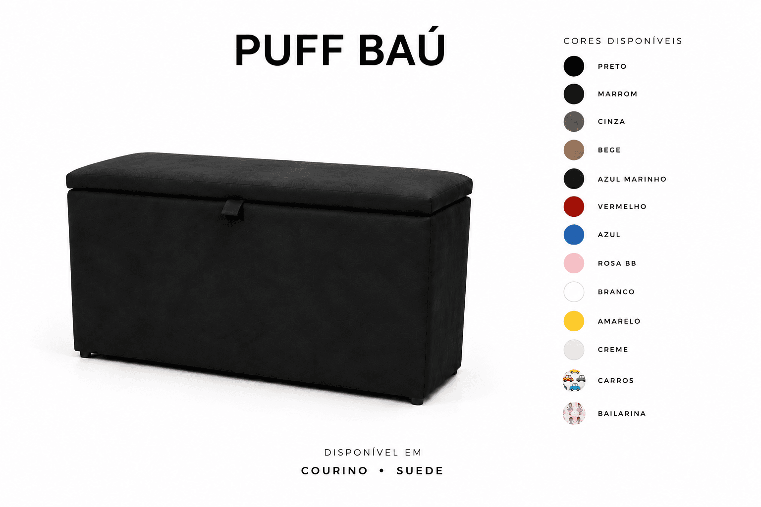 Puff Baú Tampa lisa Retangular 60x33 - Preto