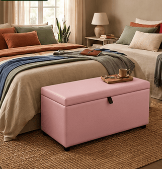 Ambiente decorado com o Puff Baú Tampa lisa Retangular 60x33 - Rosa BB