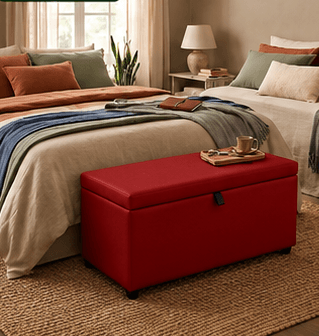 Ambiente decorado com o Puff Baú Tampa lisa Retangular 60x33 - Vermelho