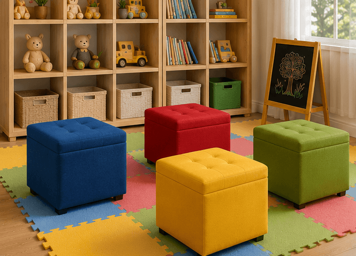 Sala de brinquedos com puffs baú coloridos em azul, vermelho, amarelo e verde