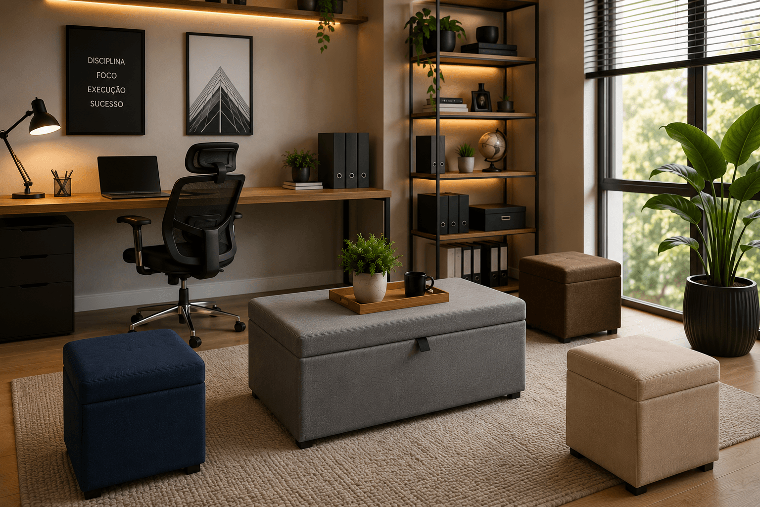 Home office com mesa, cadeira ergonômica e puffs baú coloridos ao redor de uma mesa de centro