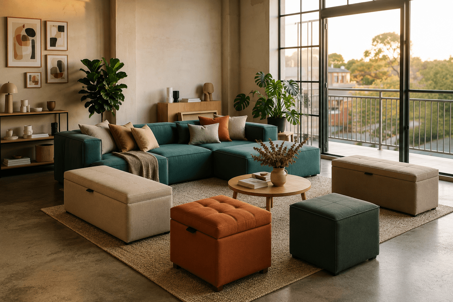 Sala de estar com sofá teal e puffs baú coloridos ao redor da mesa de centro